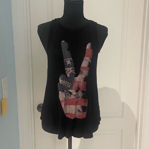 Women's Black Graphic Tank Top with American Flag Peace Sign
